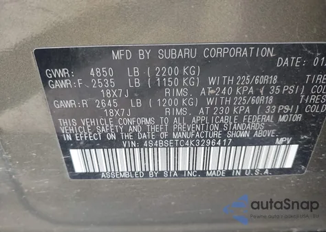 2019 Subaru Outback 3.6R Touring from USA, damaged, VIN 4S4BSETC4K3296417